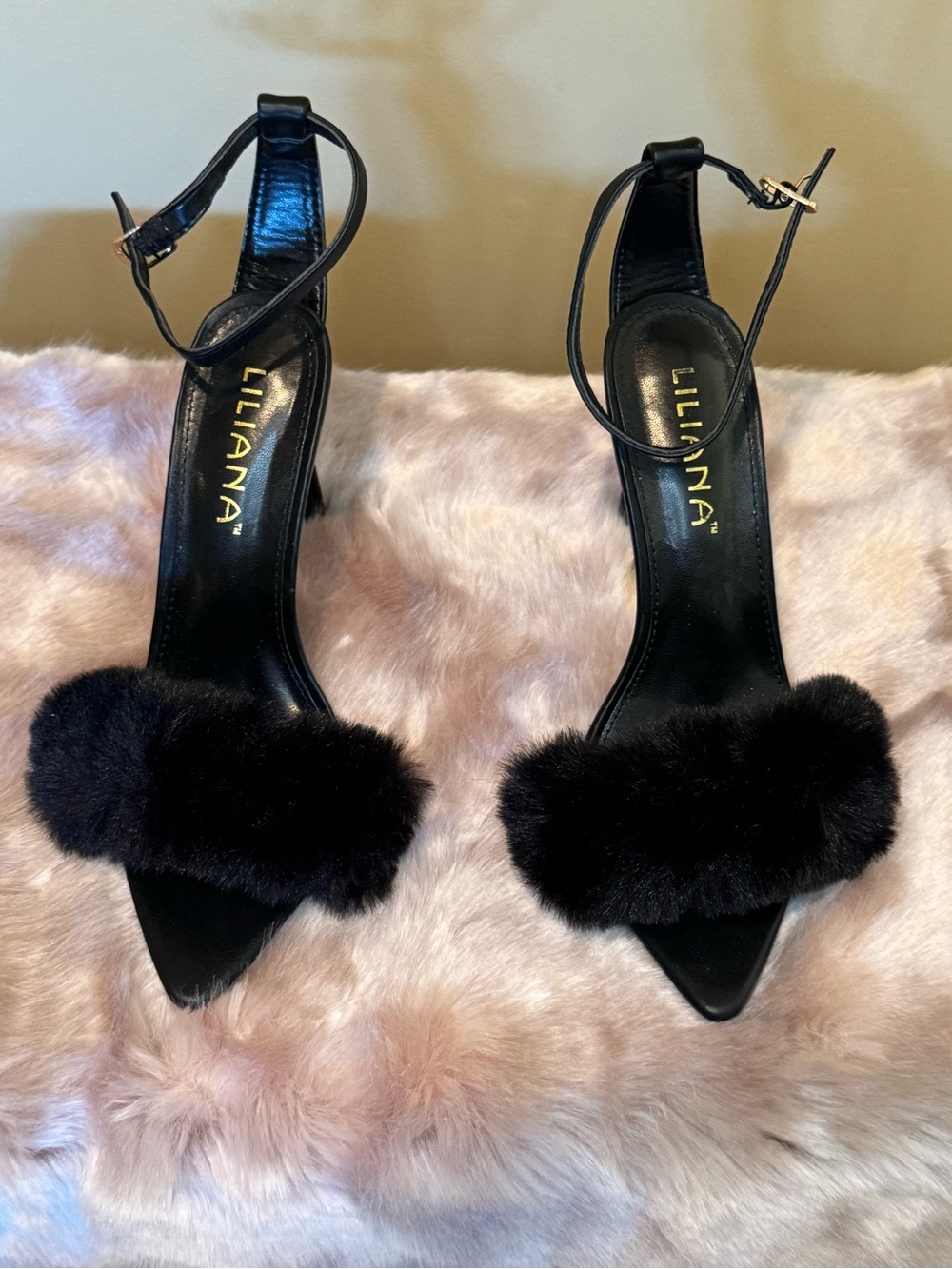 Liliana Black Faux Fur Ankle-Strap Pointed-Toe Heels